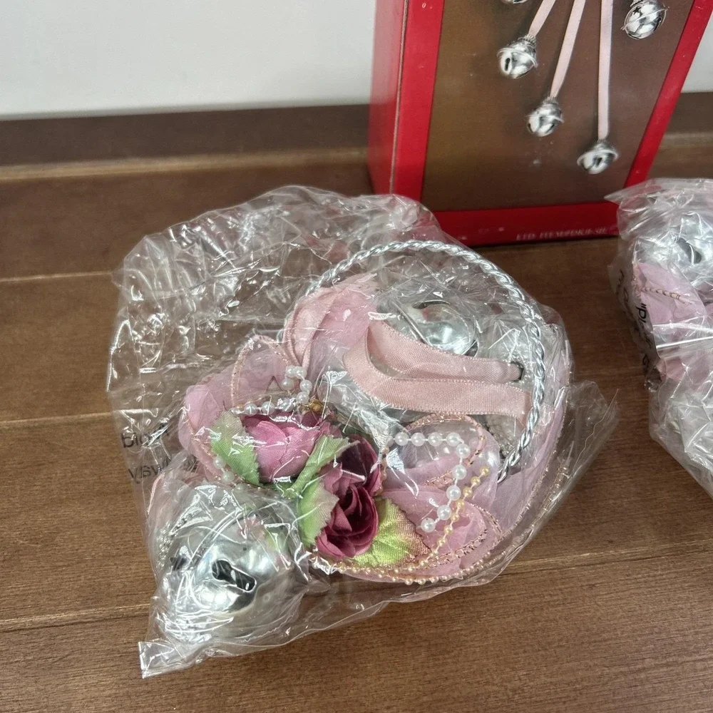 Vintage Victorian Silver, Christmas Pink Ribbons & Bells Door Hangers,‎ 2-Pcs